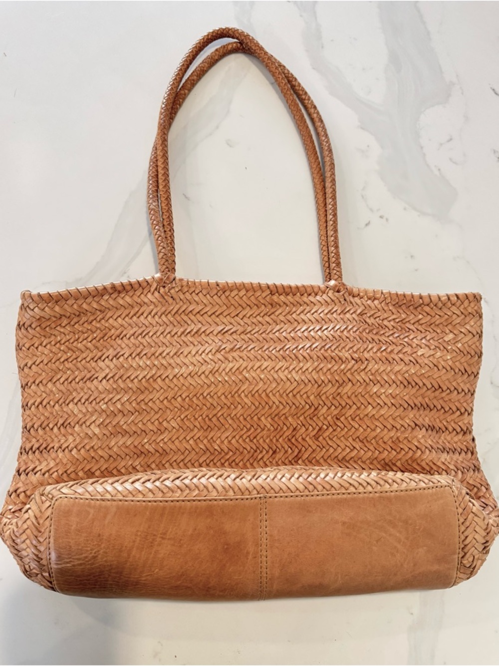 Genuine ✨Leather✨ Woven Tote Bag - Natural Brown, Zipper Top, Multiple Pockets - Picture 2 of 11